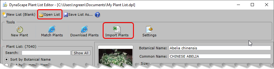 DynaScape's Edit Plant List options