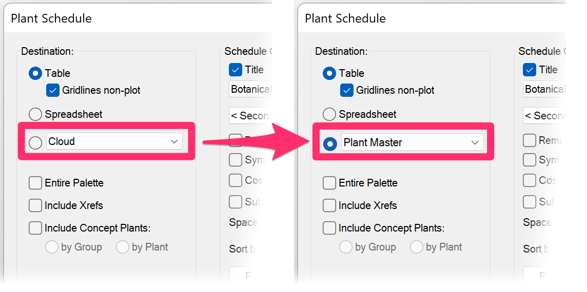 In your Land F/X active Land F/X project, open the Plant Schedule tool and choose your newly created integration preference from the "Cloud" dropdown (under Destination).