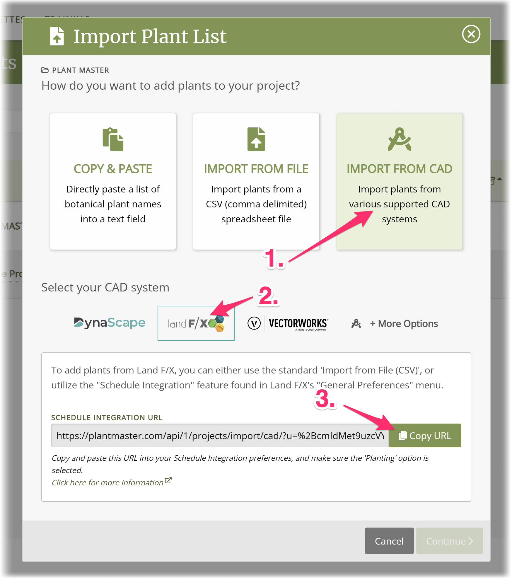 In the Import Plant Listing tool, choose Import from CAD, then select Land F/X to copy your custom URL
